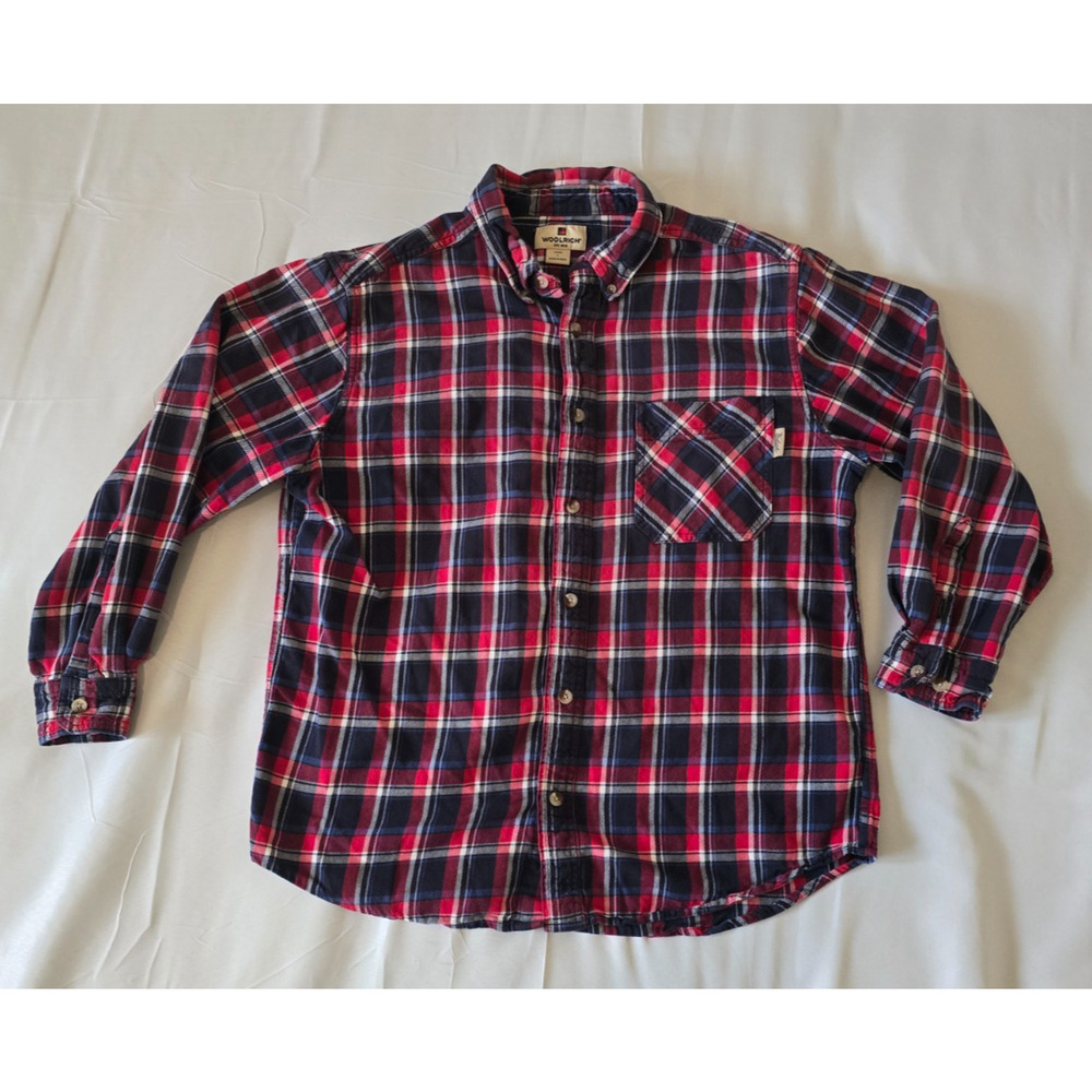 Woolrich Mens Flannel Shirt Size Large Plaid Red Blue 100% Cotton Long Sleeve
